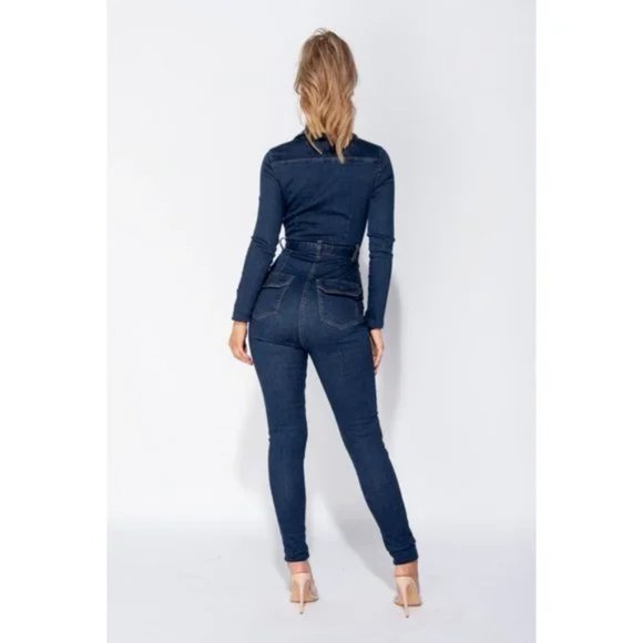 Blue Denim Jeans Long Sleeve Belted Bodycon Jumpsuit Playsuit - Picture 5 of 13